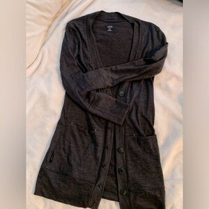 Icebreaker merino wool dark grey woman’s  long cardigan with pockets and buttons